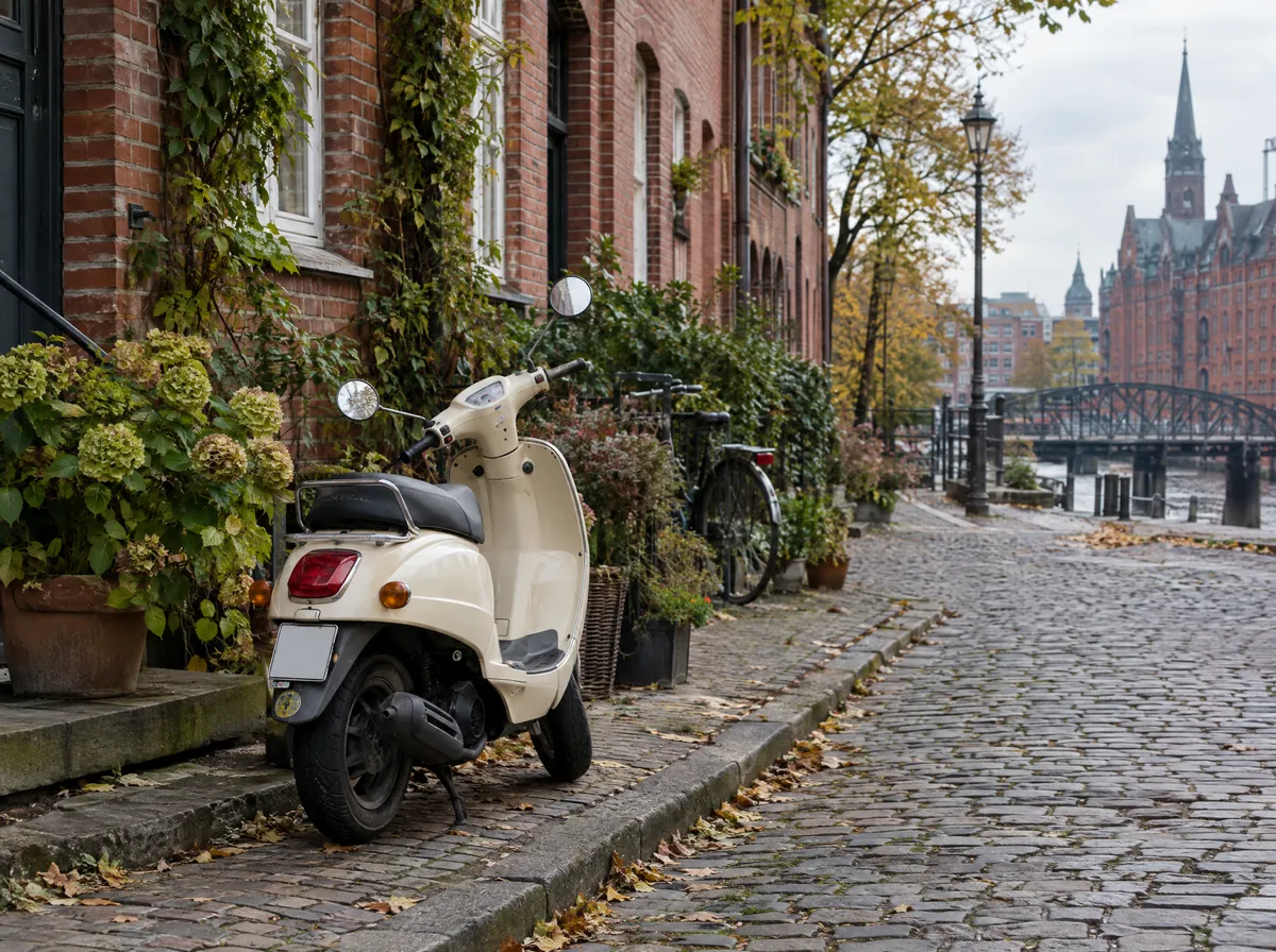 Cremefarbener Motorroller in einer Hamburger Klinkergasse mit Kopfsteinpflaster