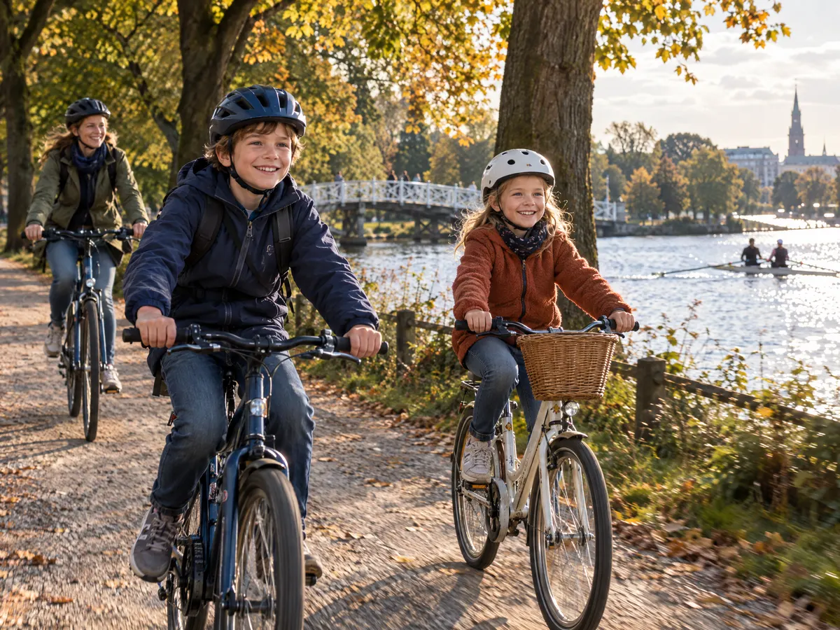 Zwei Kinder mit Helm radeln auf einem Uferweg an der Alster, ein Elternteil fährt hinterher