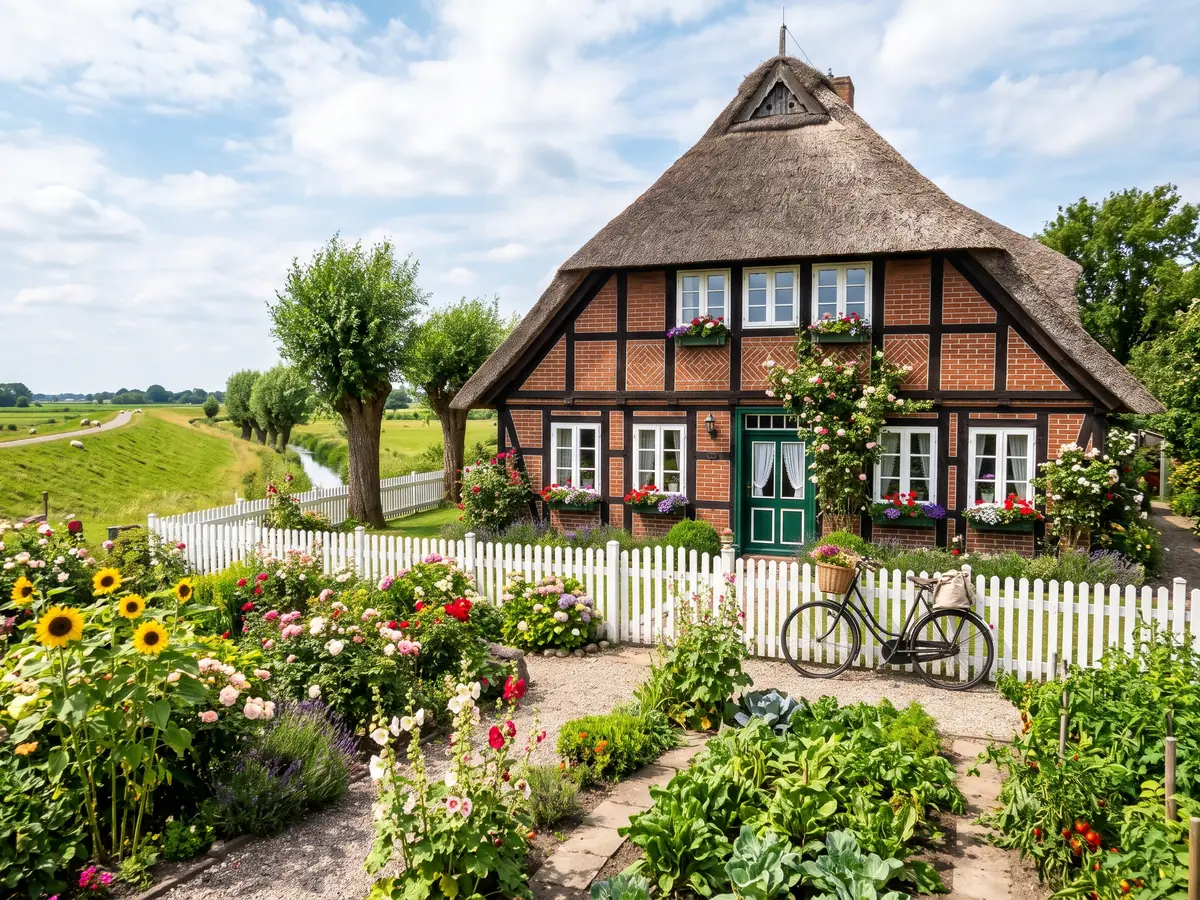 Fachwerkhaus mit Reetdach und Bauerngarten hinterm Deich