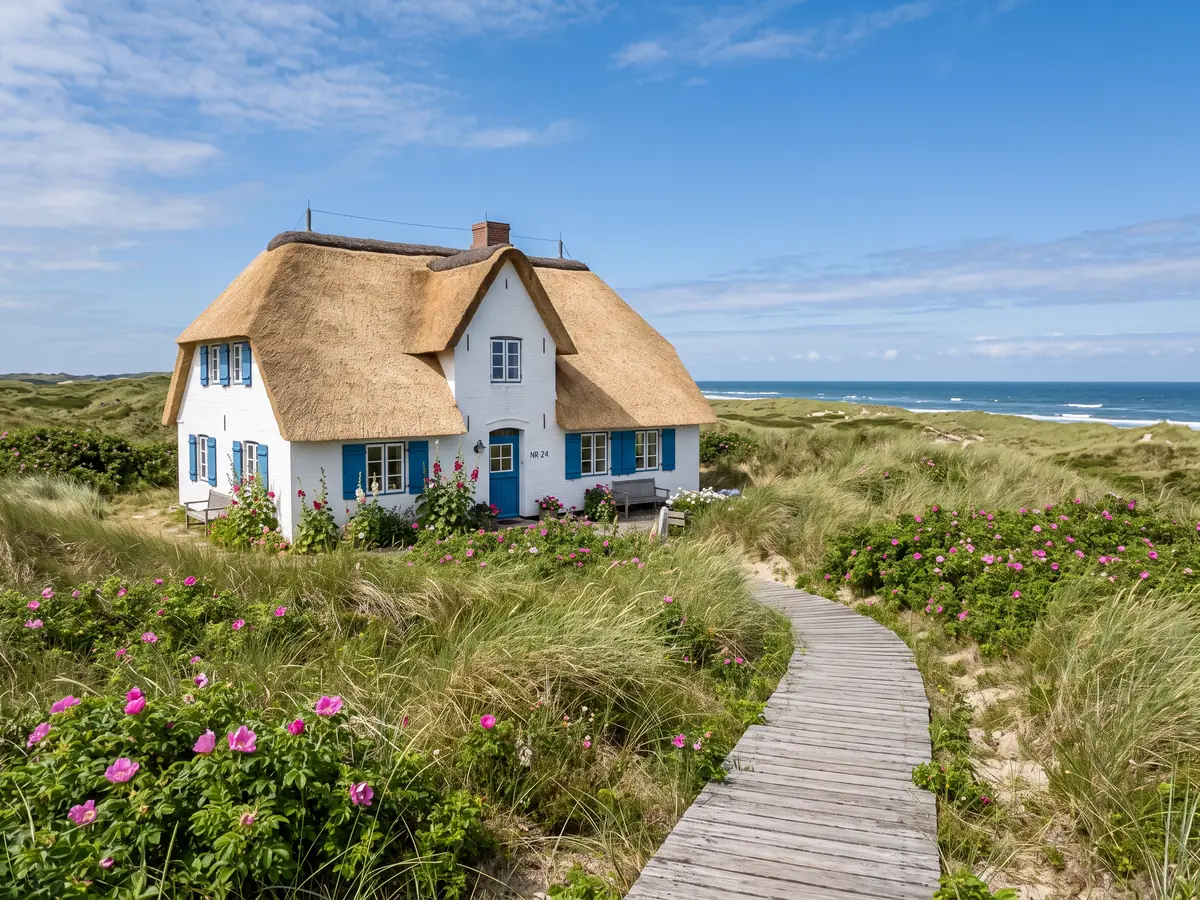 Weißes Reetdachhaus in den Dünen mit Heckenrosen und Blick aufs Meer